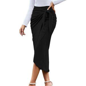 Women Ruched Pencil Skirt High Waist Wrap Tie Front Black